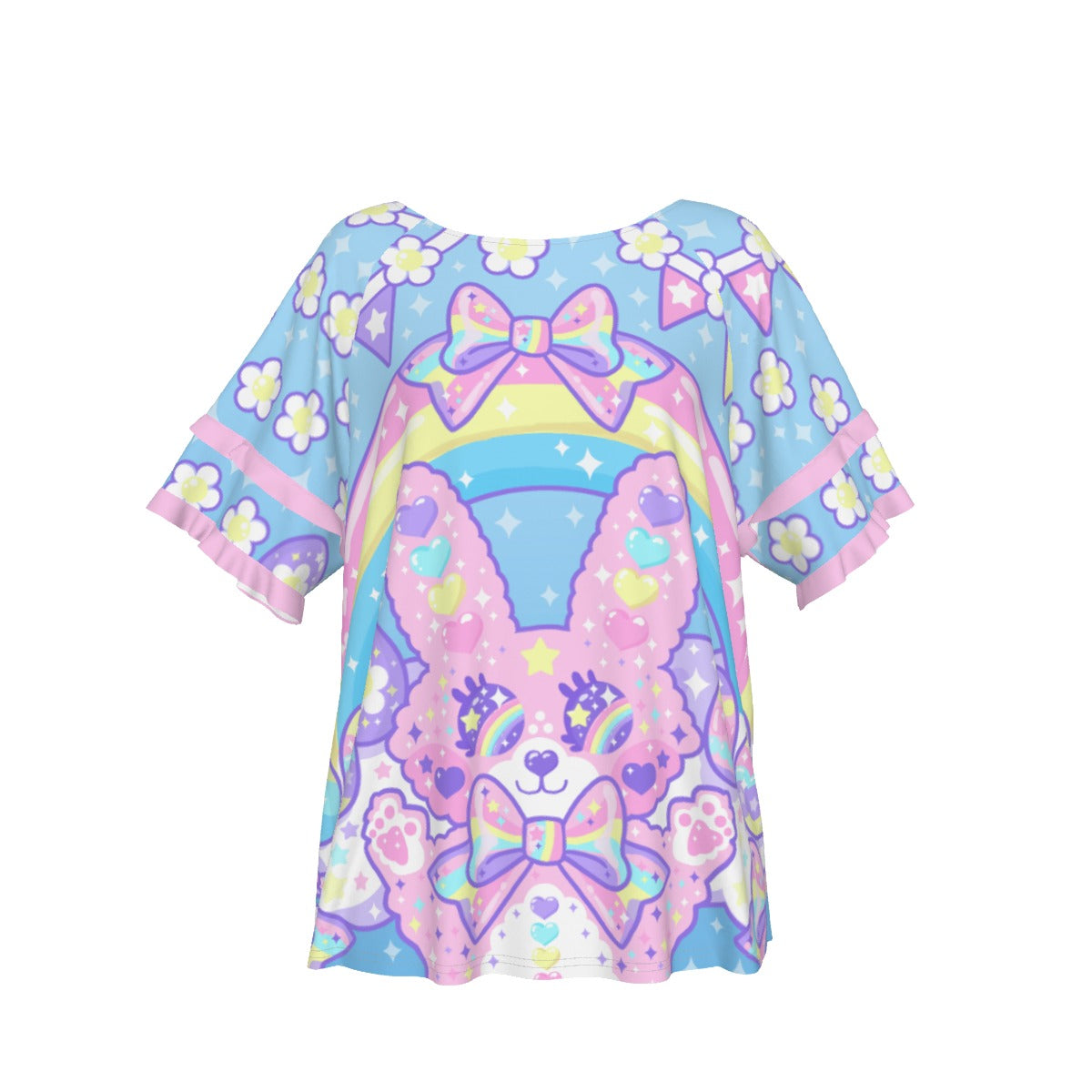 Magical Rainbow Easter Bunny Round Neck Raglan Sleeve Ruffle Frill T-Shirt