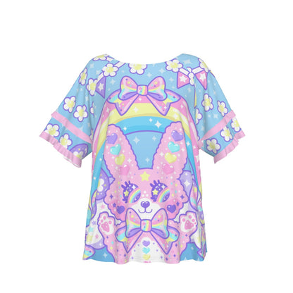 Magical Rainbow Easter Bunny Round Neck Raglan Sleeve Ruffle Frill T-Shirt