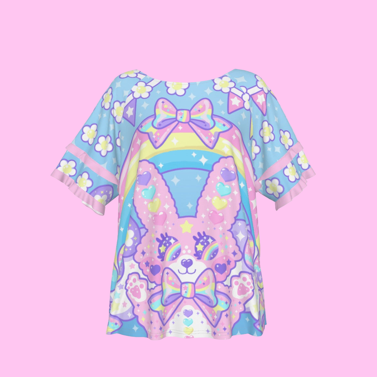 Magical Rainbow Easter Bunny Round Neck Raglan Sleeve Ruffle Frill T-Shirt