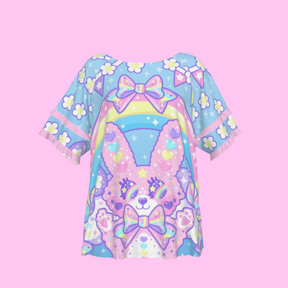 Magical Rainbow Easter Bunny Round Neck Raglan Sleeve Ruffle Frill T-Shirt