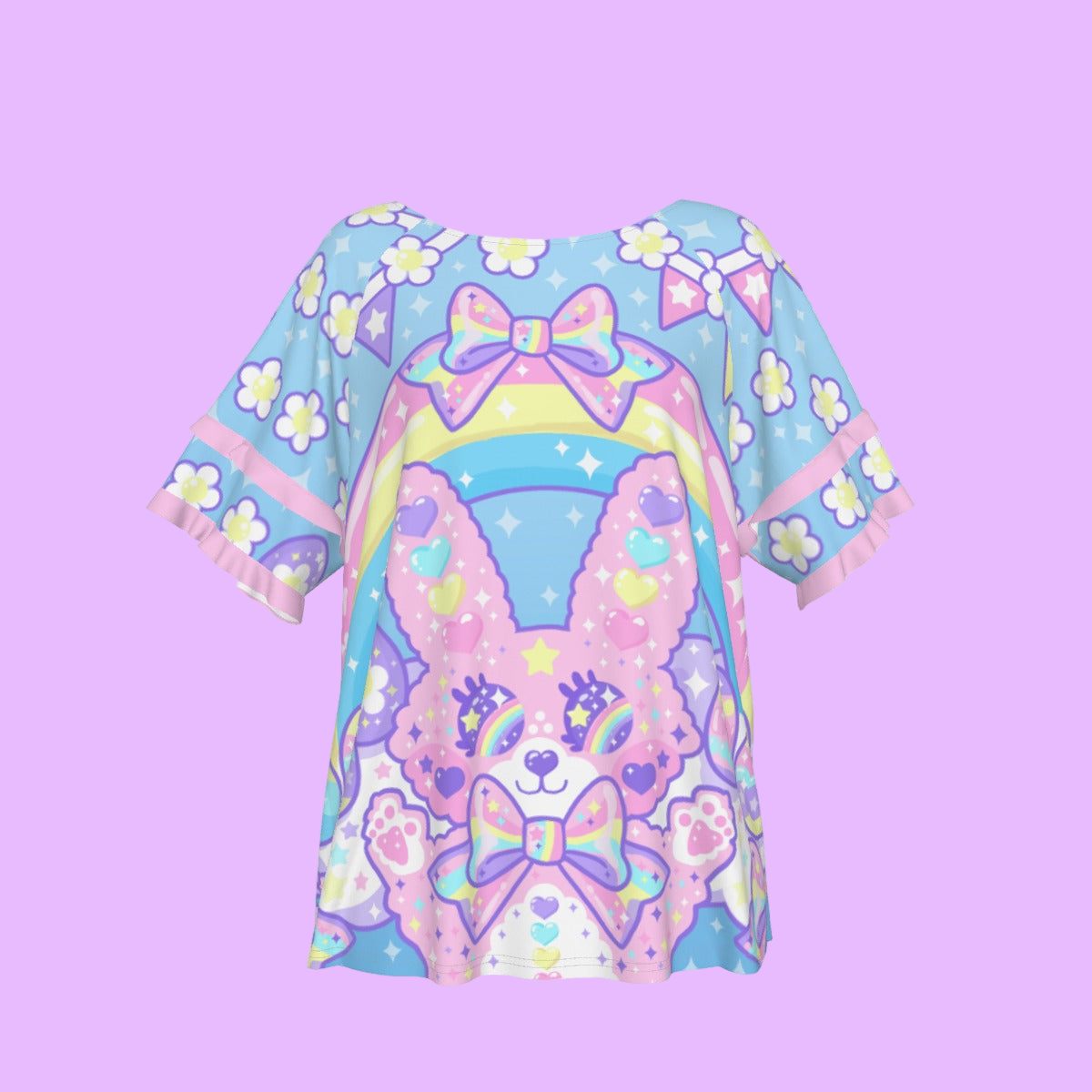 Magical Rainbow Easter Bunny Round Neck Raglan Sleeve Ruffle Frill T-Shirt