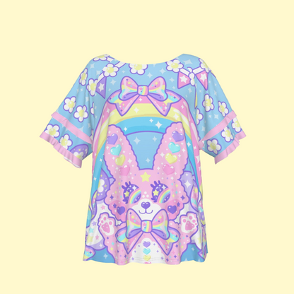 Magical Rainbow Easter Bunny Round Neck Raglan Sleeve Ruffle Frill T-Shirt