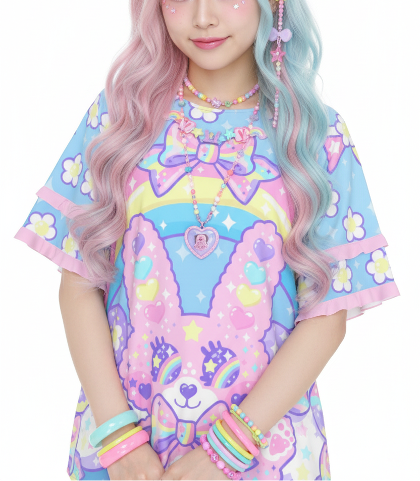 Magical Rainbow Easter Bunny Round Neck Raglan Sleeve Ruffle Frill T-Shirt