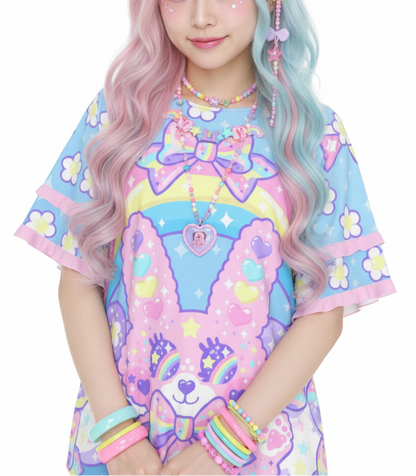 Magical Rainbow Easter Bunny Round Neck Raglan Sleeve Ruffle Frill T-Shirt