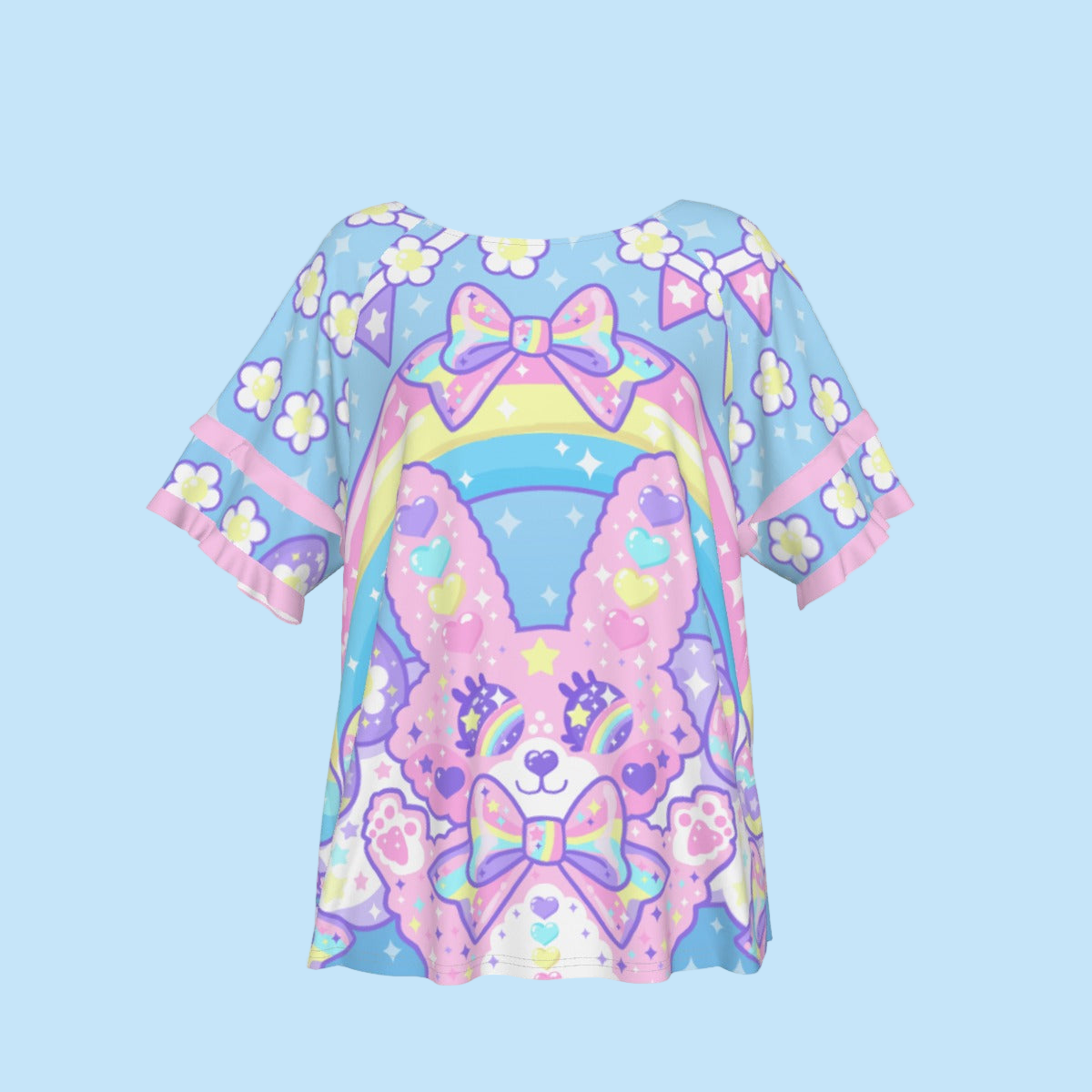 Magical Rainbow Easter Bunny Round Neck Raglan Sleeve Ruffle Frill T-Shirt