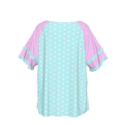 Sweet Love Hearts Blue Round Neck Raglan Sleeve Ruffle Frill T-Shirt (Polka Dots)