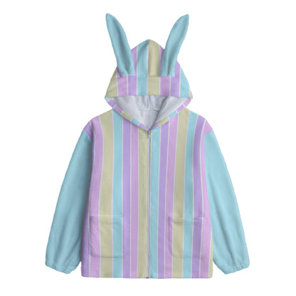Pastel Stripes Blue Soft Plush Fleece Bunny Ear Zip Up Hoodie With Pockets
