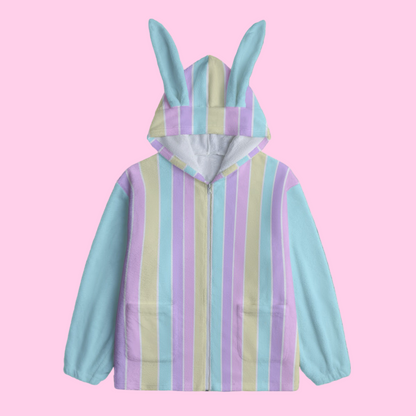 Pastel Stripes Blue Soft Plush Fleece Bunny Ear Zip Up Hoodie With Pockets