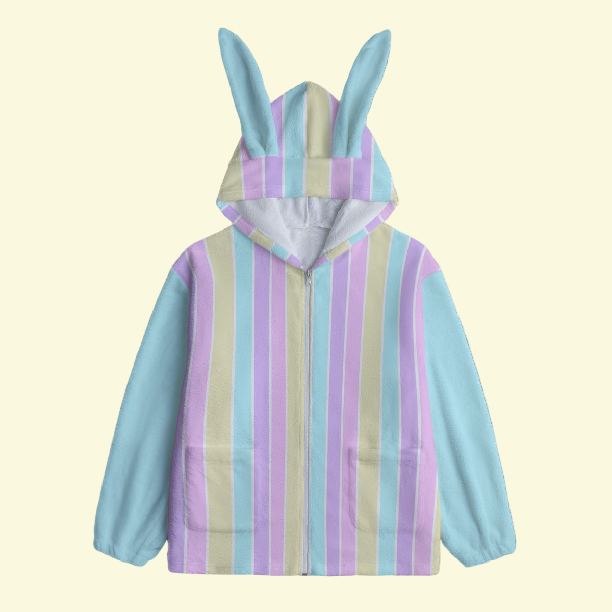 Pastel Stripes Blue Soft Plush Fleece Bunny Ear Zip Up Hoodie With Pockets