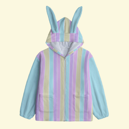 Pastel Stripes Blue Soft Plush Fleece Bunny Ear Zip Up Hoodie With Pockets