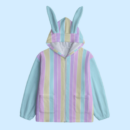 Pastel Stripes Blue Soft Plush Fleece Bunny Ear Zip Up Hoodie With Pockets