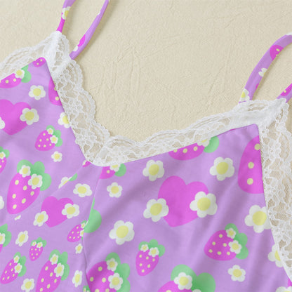 Strawberry Cutie Women's Cami & Shorts Lounge Wear Pajama Set With Lace Trim (Fruity Berry Purple)