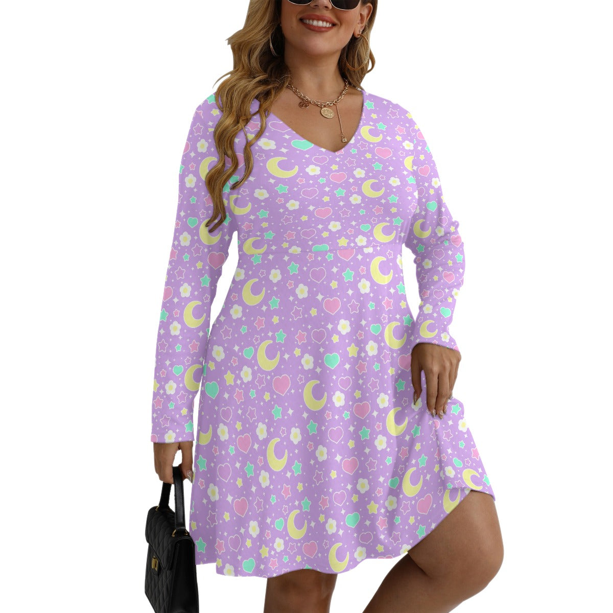 Magical Spring Purple Women's V-Neck Long Sleeve Dress (Plus Size)