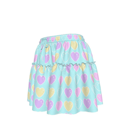 Sweet Love Hearts Blue Waist Tie Ruffle Mini Skirt