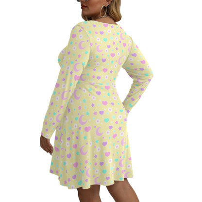 Magical Spring Yellow Women's V-Neck Long Sleeve Dress (Plus Size)