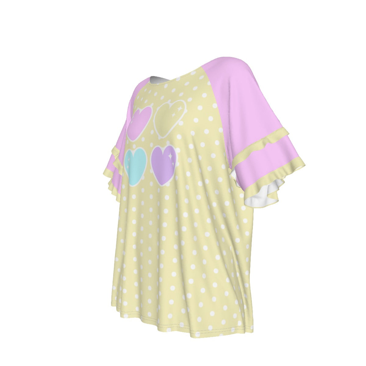 Sweet Love Hearts Yellow Round Neck Raglan Sleeve Ruffle Frill T-Shirt (Polka Dots)