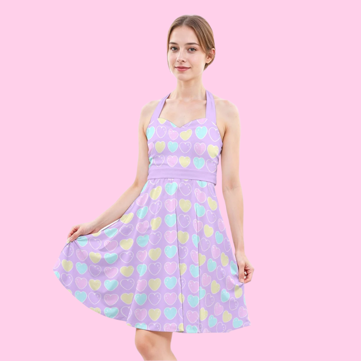 Sweet Love Hearts Purple Sweetheart Halter Swing Skater Dress With Pockets