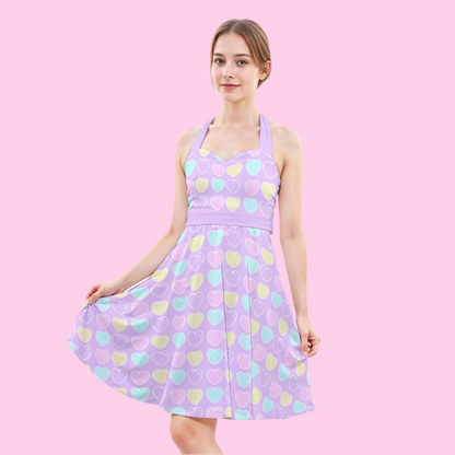 Sweet Love Hearts Purple Sweetheart Halter Swing Skater Dress With Pockets
