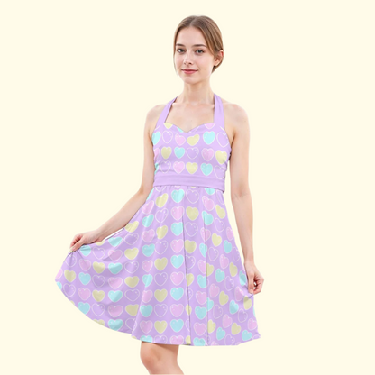 Sweet Love Hearts Purple Sweetheart Halter Swing Skater Dress With Pockets
