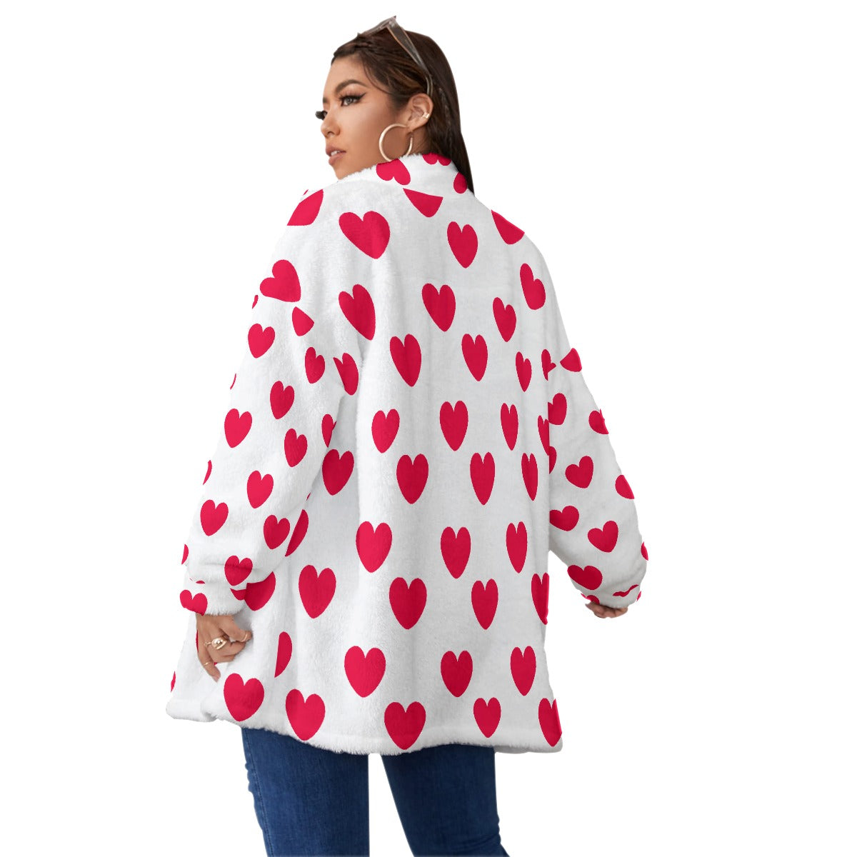 Sweet Love Hearts Oversized Fuzzy Fleece Coat With Zipper (Red x White)