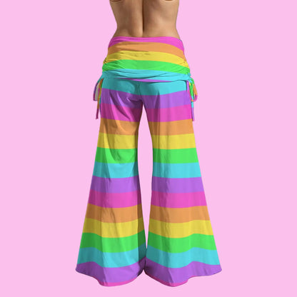 Rainbow Wonderland Women's High Waist Wide Leg Boho Palazzo Pants (Color Block Stripes)