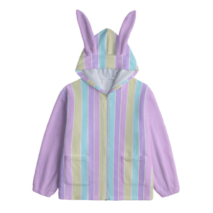 Pastel Stripes Pink Soft Plush Fleece Bunny Ear Zip Up Hoodie With Pockets