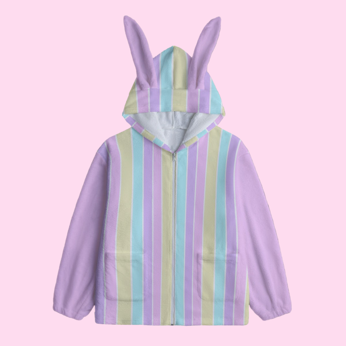 Pastel Stripes Pink Soft Plush Fleece Bunny Ear Zip Up Hoodie With Pockets