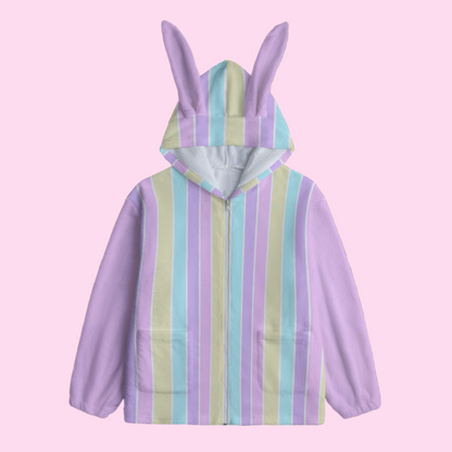 Pastel Stripes Pink Soft Plush Fleece Bunny Ear Zip Up Hoodie With Pockets