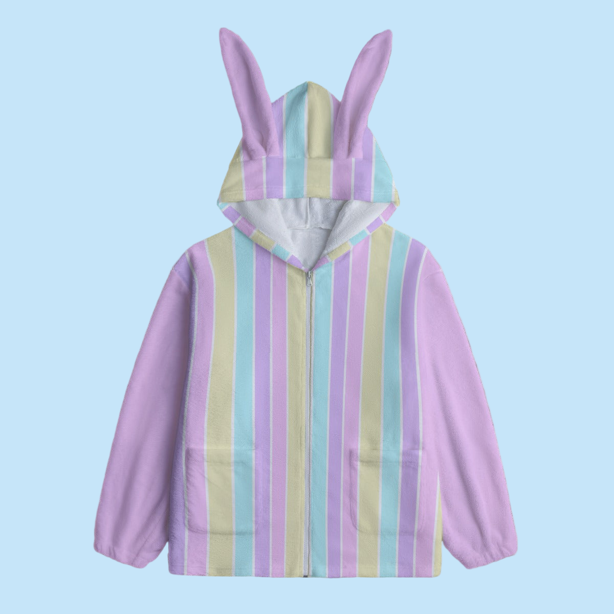 Pastel Stripes Pink Soft Plush Fleece Bunny Ear Zip Up Hoodie With Pockets