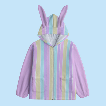 Pastel Stripes Pink Soft Plush Fleece Bunny Ear Zip Up Hoodie With Pockets