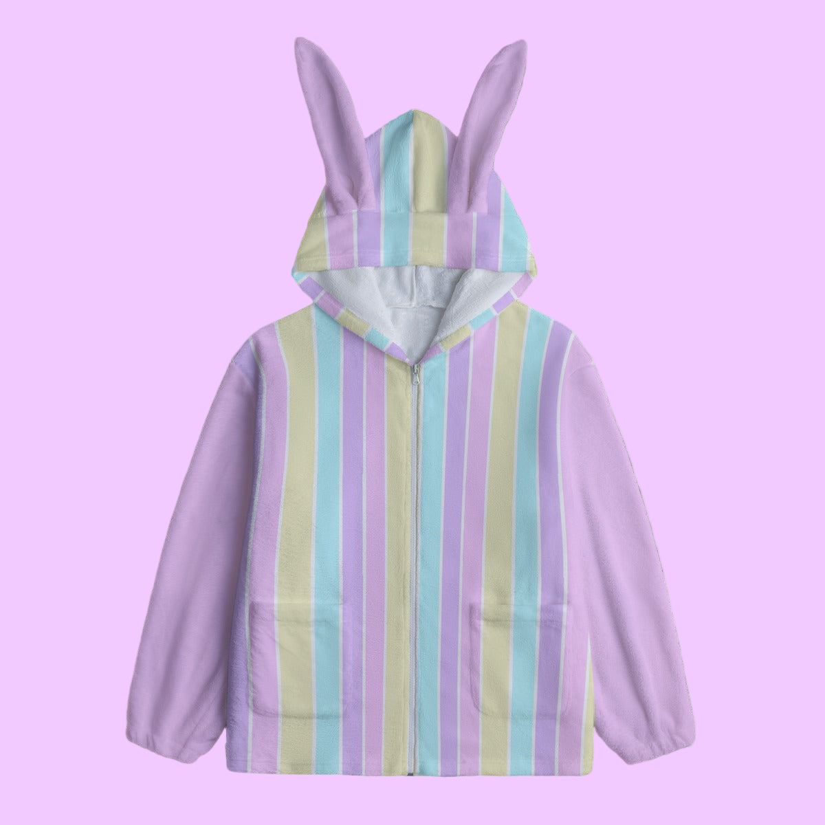 Pastel Stripes Pink Soft Plush Fleece Bunny Ear Zip Up Hoodie With Pockets