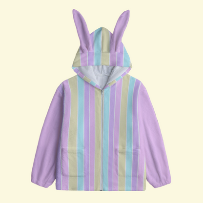 Pastel Stripes Pink Soft Plush Fleece Bunny Ear Zip Up Hoodie With Pockets