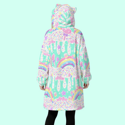 Rainbow Sweets Mint Cozy Oversized Fleece Blanket Hoodie With Cute Ears