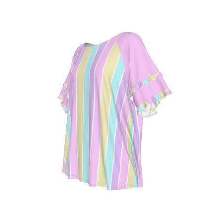 Pastel Stripes Pink Round Neck Raglan Sleeve Ruffle Frill T-Shirt