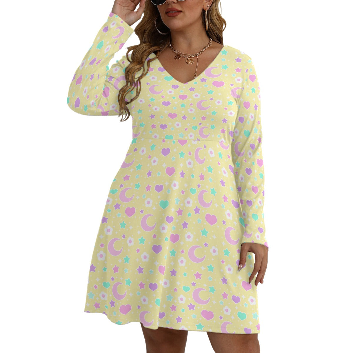 Magical Spring Yellow Women's V-Neck Long Sleeve Dress (Plus Size)