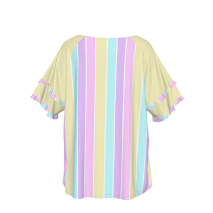 Pastel Stripes Yellow Round Neck Raglan Sleeve Ruffle Frill T-Shirt