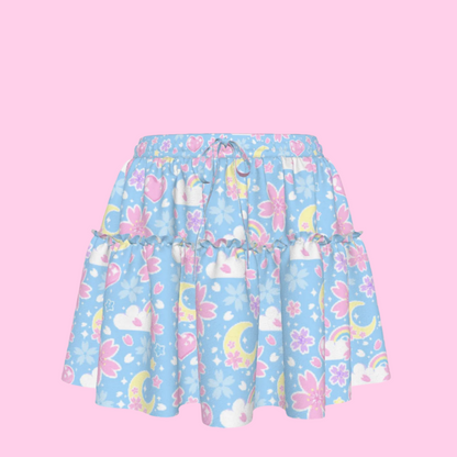 Cherry Blossom Dreams Blue Waist Tie Ruffle Mini Skirt