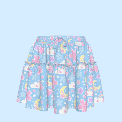 Cherry Blossom Dreams Blue Waist Tie Ruffle Mini Skirt