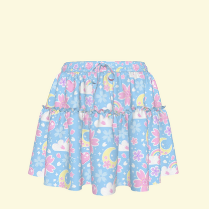 Cherry Blossom Dreams Blue Waist Tie Ruffle Mini Skirt