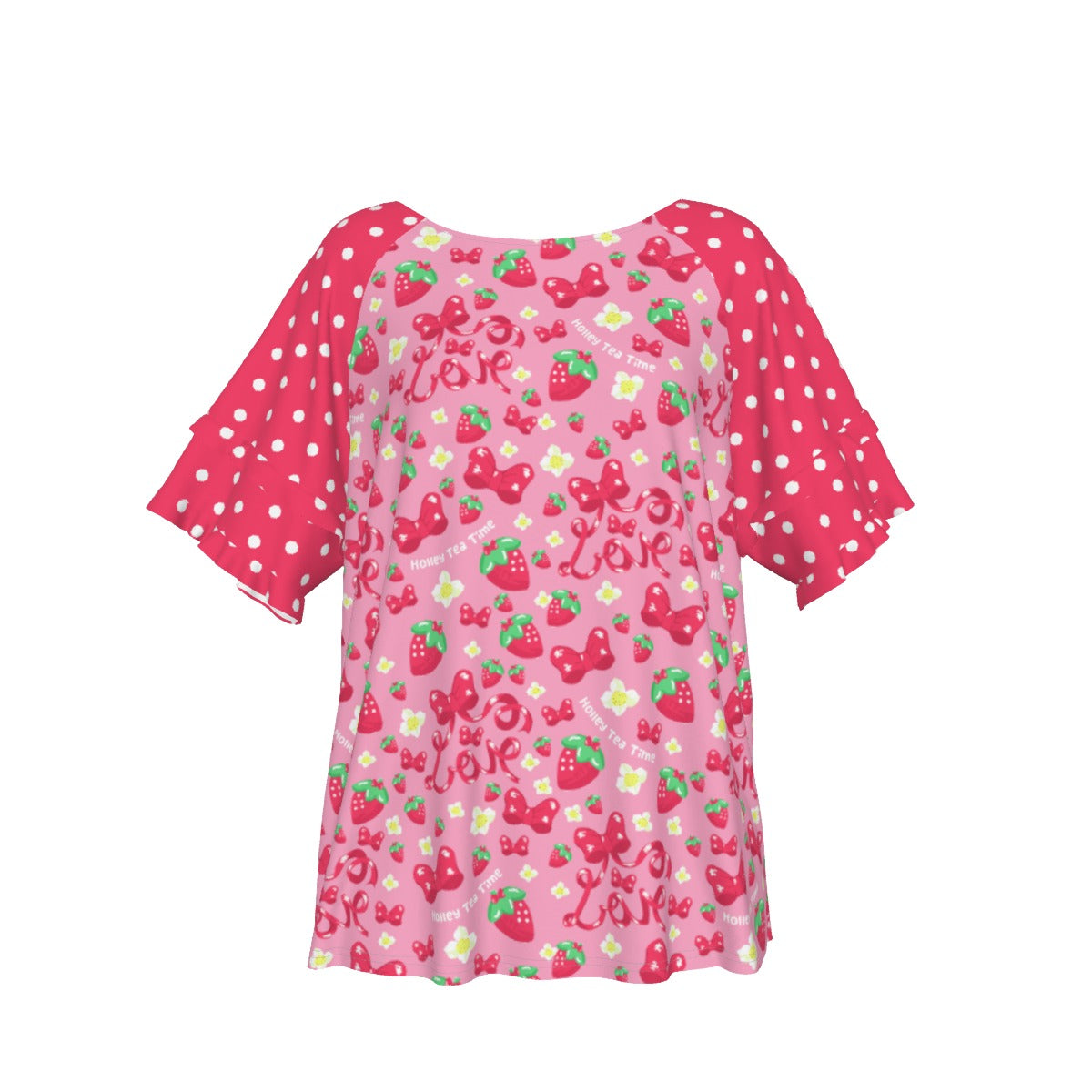Strawberry Ribbon Round Neck Raglan Sleeve Ruffle Frill T-Shirt