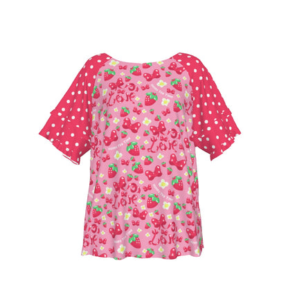 Strawberry Ribbon Round Neck Raglan Sleeve Ruffle Frill T-Shirt