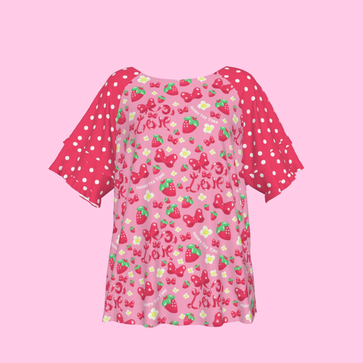Strawberry Ribbon Round Neck Raglan Sleeve Ruffle Frill T-Shirt