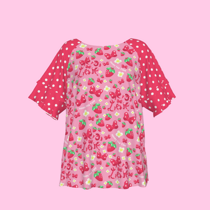 Strawberry Ribbon Round Neck Raglan Sleeve Ruffle Frill T-Shirt