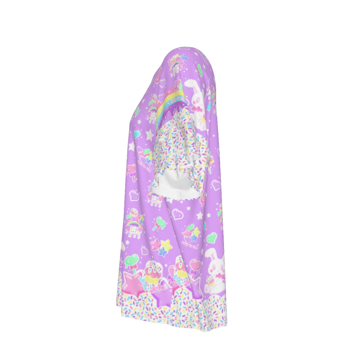 Rainbow Sweets Round Neck Raglan Sleeve Ruffle Frill T-Shirt (Purple)