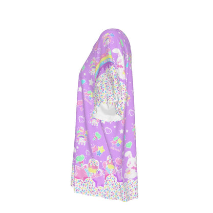 Rainbow Sweets Round Neck Raglan Sleeve Ruffle Frill T-Shirt (Purple)