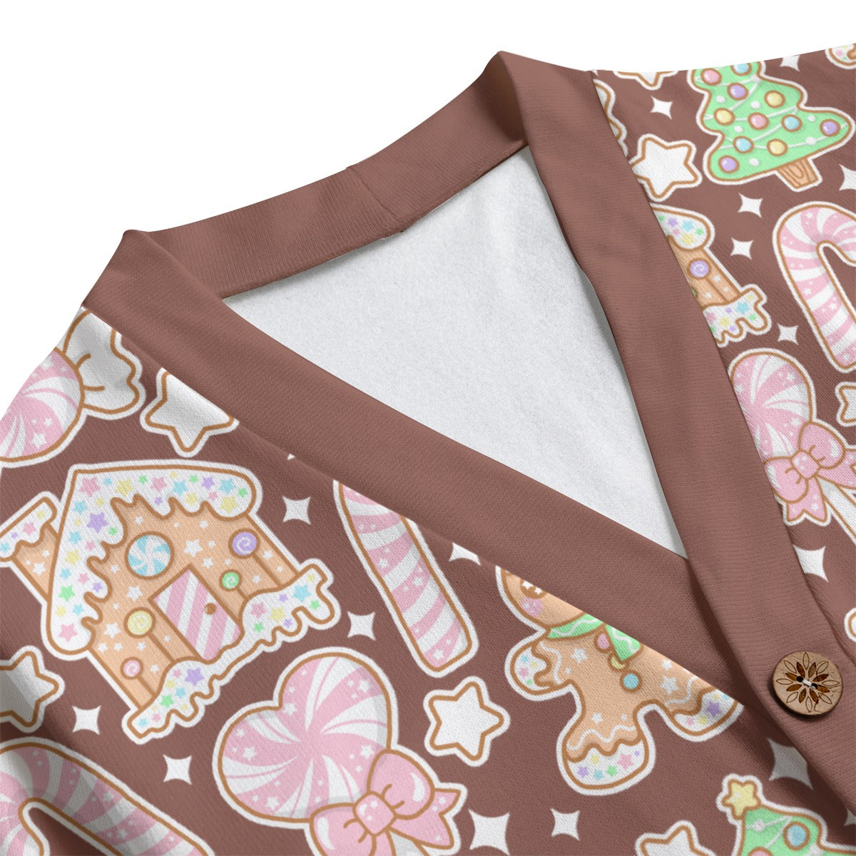 Kawaii Christmas Unisex V-Neck Knitted Fleece Button Up Cardigan With Pockets (Chocolate Cocoa)