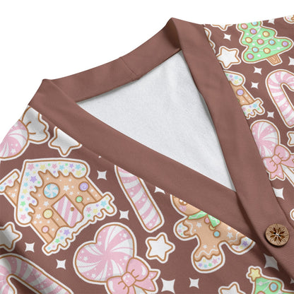 Kawaii Christmas Unisex V-Neck Knitted Fleece Button Up Cardigan With Pockets (Chocolate Cocoa)