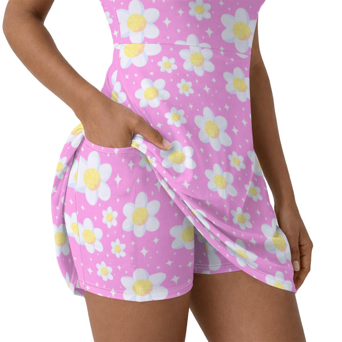 Daisy Dreams Sporty Women’s Square Neck Cap Sleeve Athletic Exercise Mini Dress With Shorts (Bubblegum Pink)