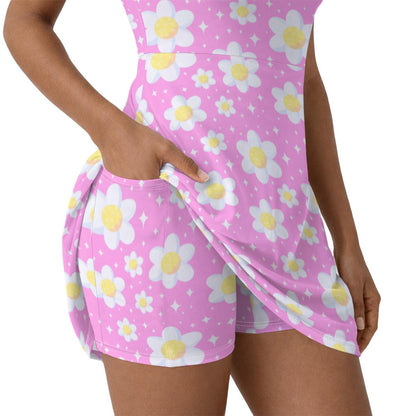 Daisy Dreams Sporty Women’s Square Neck Cap Sleeve Athletic Exercise Mini Dress With Shorts (Bubblegum Pink)