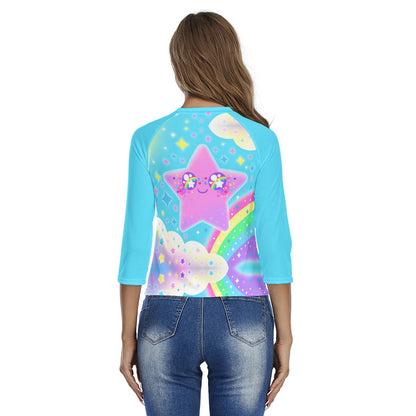 Rainbow Decora Star Women's Raglan 3/4 Sleeve T-shirt (Blue)